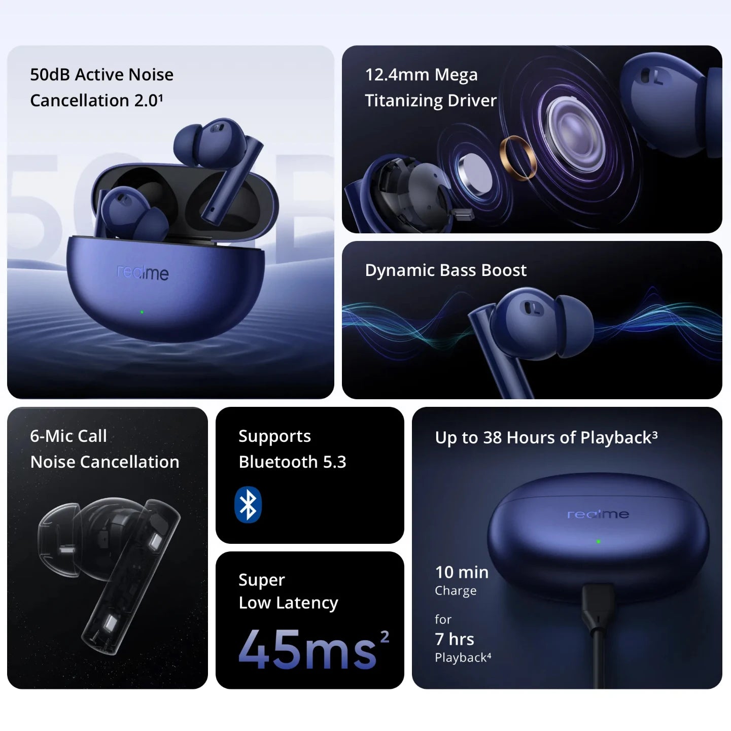 Global Version realme Buds Air 5 TWS Earphone 50dB Active Noise Cancellation 38Hour Battery Life IPX5 Bluetooth 5.3