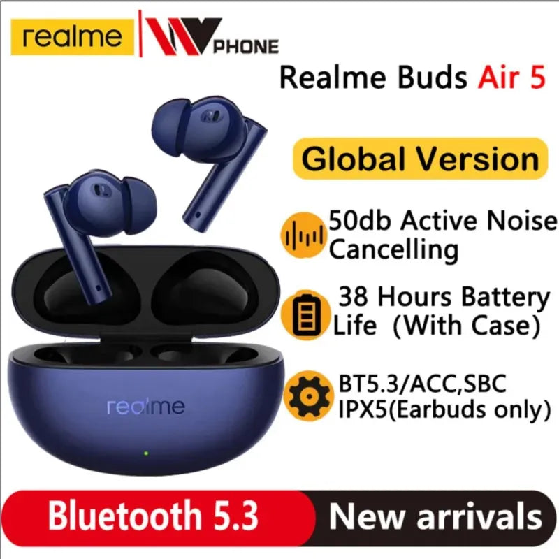 Global Version realme Buds Air 5 TWS Earphone 50dB Active Noise Cancellation 38Hour Battery Life IPX5 Bluetooth 5.3