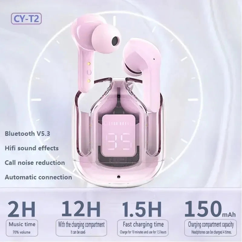 Wireless Bluetooth 5.3 Air Headset Transparent Headphones LED Power Digital Display Stereo Sound Earphones for Sports Working