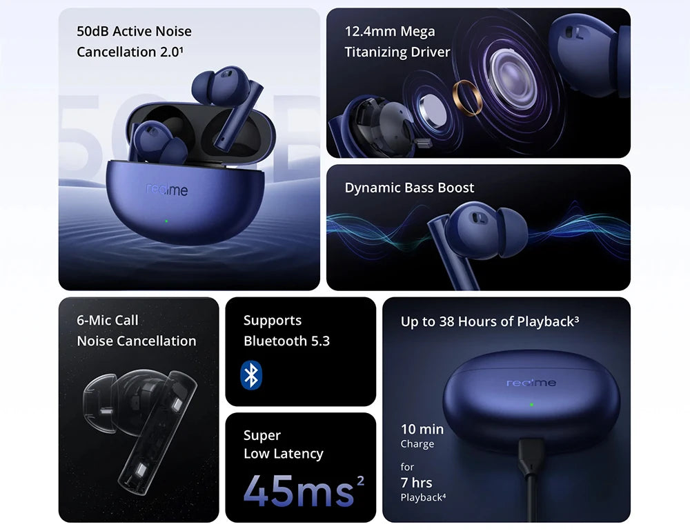 Global Version realme Buds Air 5 TWS Earphone 50dB Active Noise Cancellation 38Hour Battery Life IPX5 Bluetooth 5.3