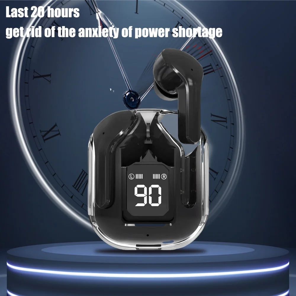 Wireless Bluetooth 5.3 Air Headset Transparent Headphones LED Power Digital Display Stereo Sound Earphones for Sports Working