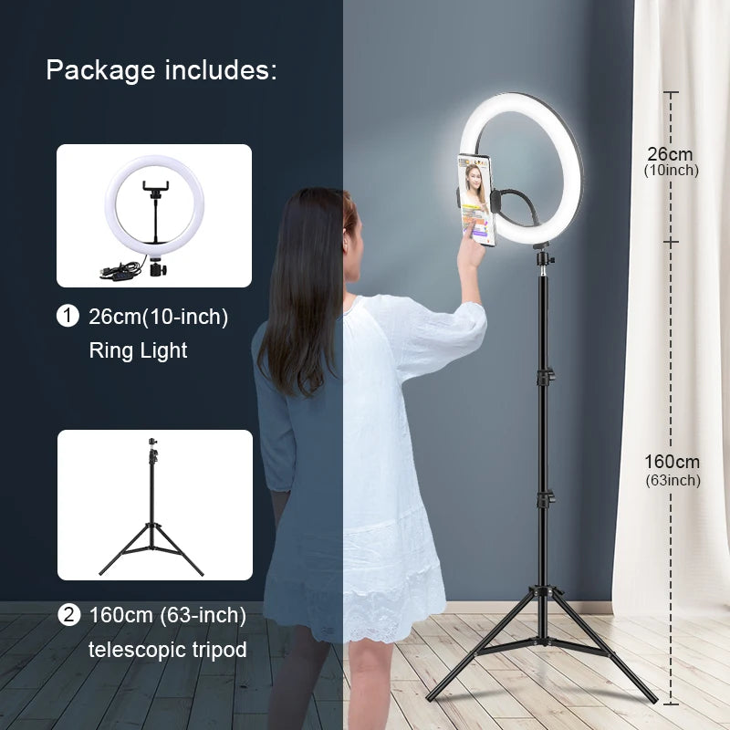 10inch Selfie Ring Light with Optional Tripod, Photography Fill Light Led Ring Lamp Ringlight for Video Recording Live Broadcast