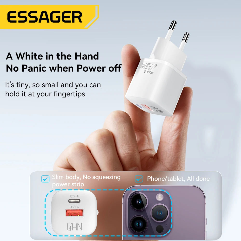 Essager 20W GaN PD USB C Charger for iPhone 15 13 12 11 Pro Max Phone QC 3.0 PD 3.0 USB Type C Fast Charging for Xiaomi pocoiPad