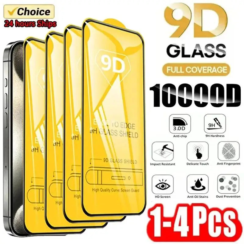 4PCS 9D Tempered Glass Suitable For iPhone 15 14 13 12 11 Pro Max Screen Protector Film Suitable XS X XR Scratch Resistant Glass